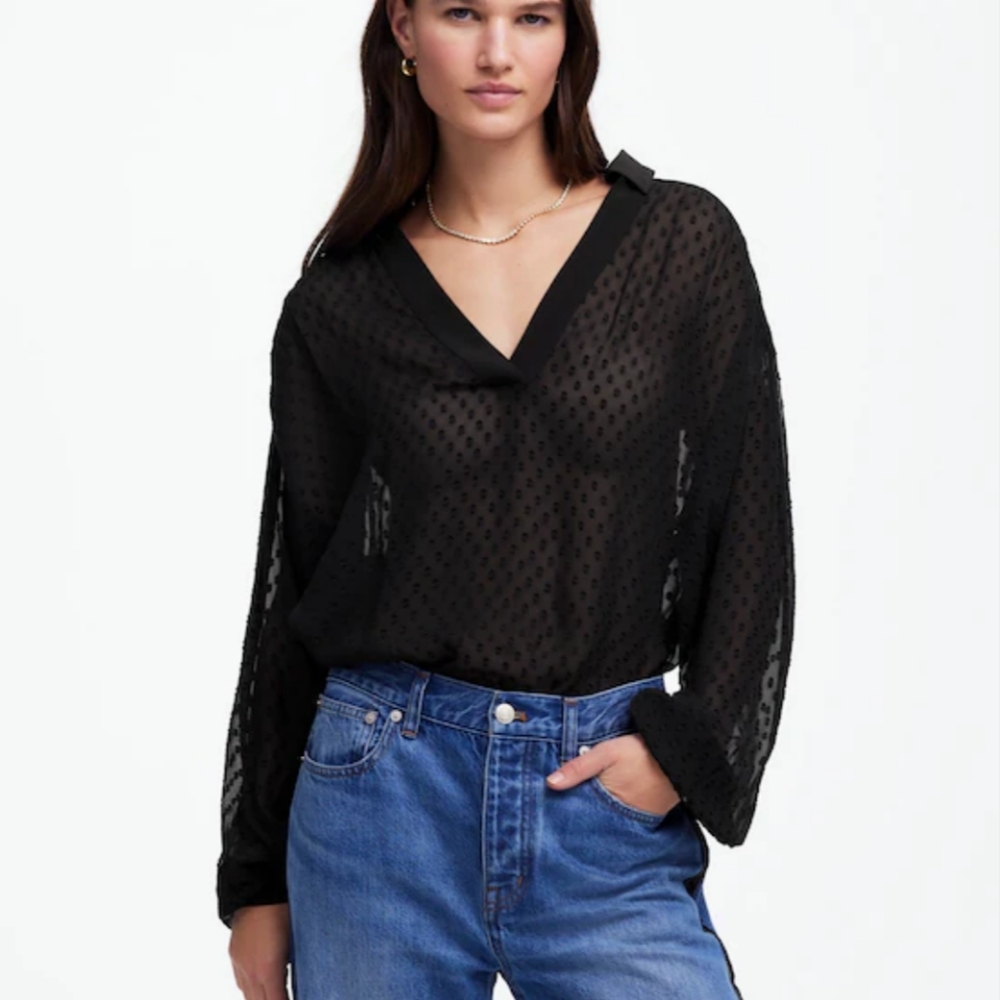 NWT Madewell Black Sheer Long Sleeve Popover Shirt Size Small Workwear